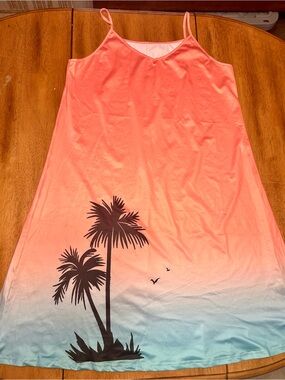 Women's Coral to Aqua Ombre Midi Dress with Palm Print XL